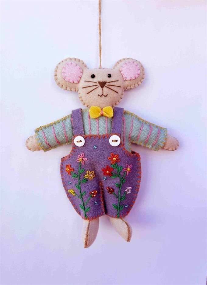 Muis met paars tuinbroek, vilt 13x2x16cm