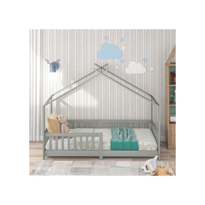 Lit d'enfant - MUVOE - 200x90cm - Bois massif - Gris - Barrière de sécurité gris