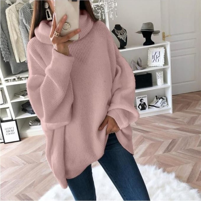 Pull décontracté à col haut pour femme, ample, couleur unie, pull chaud, à la mode, hiver S rose