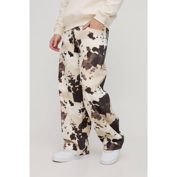 Baggy Fit Cow Print Denim Jeans | Brown | Size 30R
