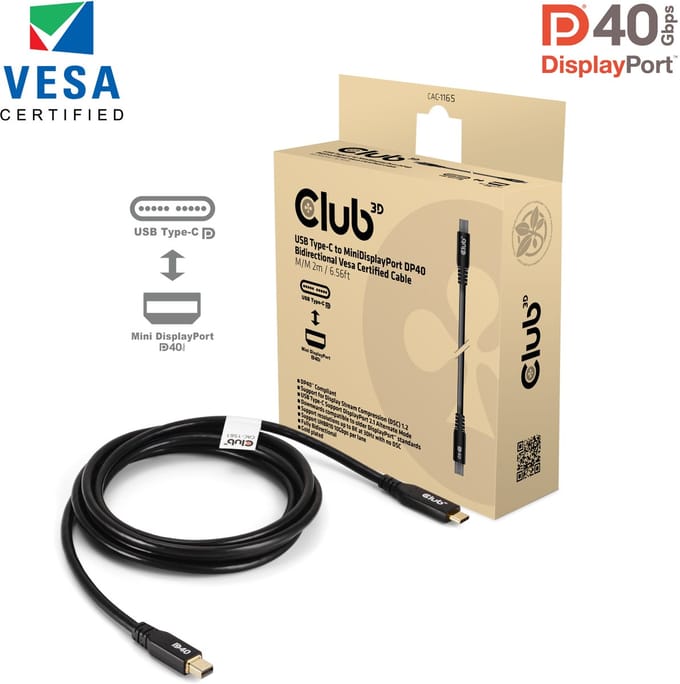 Club 3D USB‑C® naar Mini DisplayPort™ DP40 bidirectionele VESA-gecertificeerde kabel 2 m