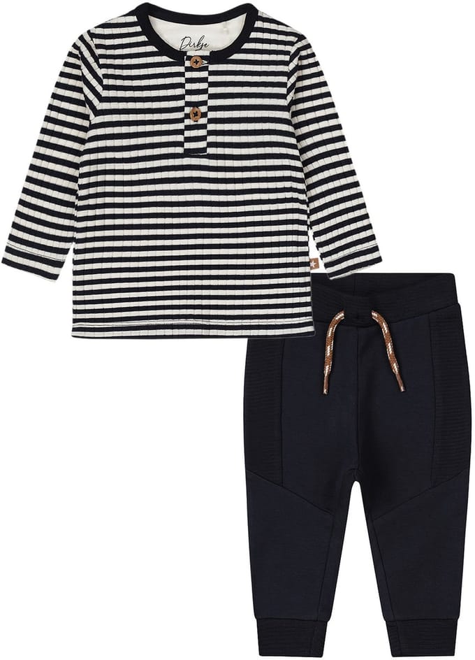 Dirkje - Basic Collection - BIO COTTON - Broekje jogging Navy met koord - Shirt gestreept opasluiting - Maat 68