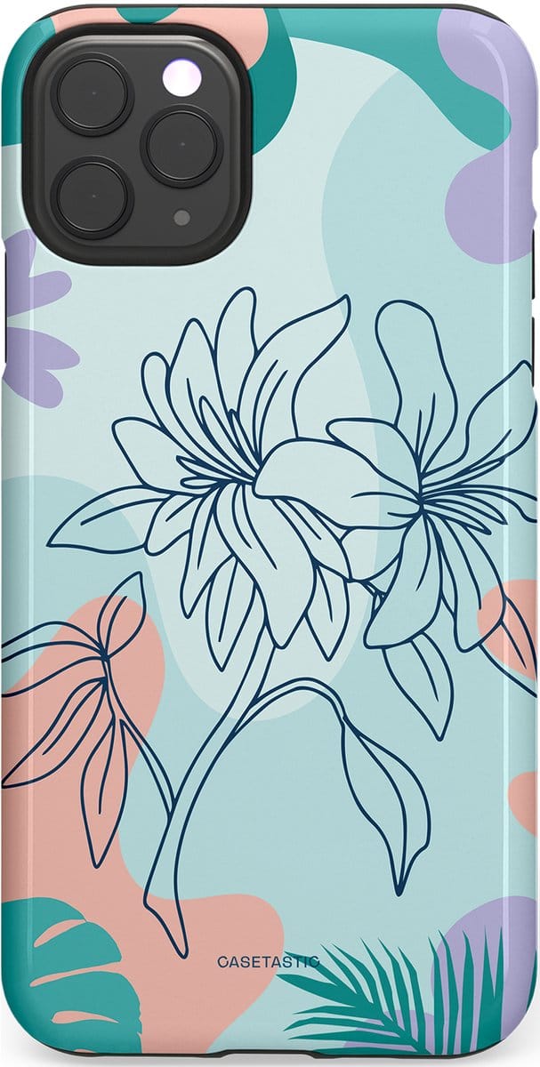 Casetastic hoesje geschikt voor Apple iPhone 11 Pro Max - Dubbellaagse bescherming - Mint Bloemprint - Fashion Case - Lichtgrijs Turquoise Perzik Lila