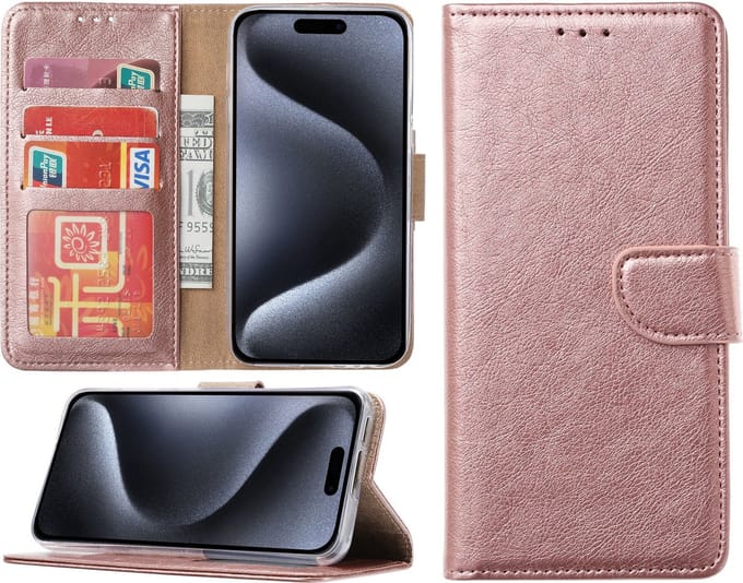Hoesje geschikt voor iPhone 15 Pro Max - Bookcase - Pasjeshouder - Kunstleer - Roségoud