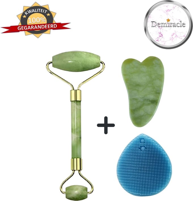 Demiracle Jade Face Roller met Gua Sha Schraper en Blauwe Siliconen Gezichtsborstel - Gezichtsroller - Massage Roller - Jade Roller - Rimpelverwijdering - Ontspanning