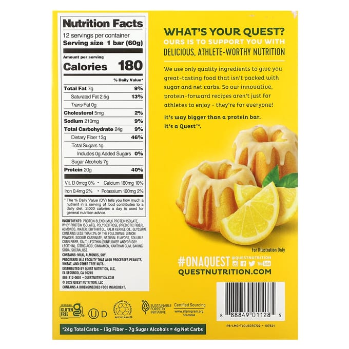 Quest Nutrition, Barre protéinée, Gâteau au citron, 12 barres, 60 g (2,12 onces) chaque