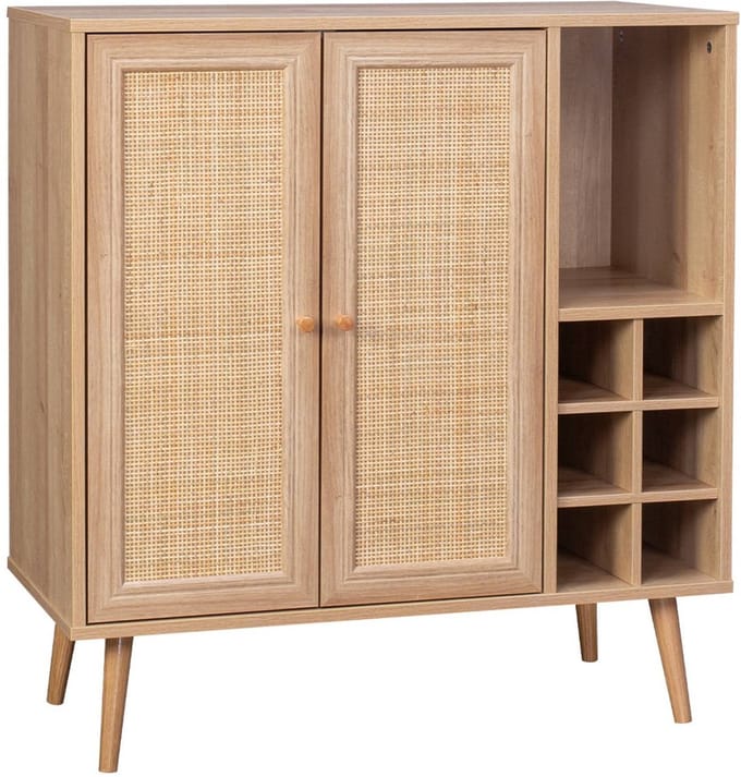sweeek - Kastje met 2 deuren 7 open vakken houtdecor en rotan 83cm - bohème
