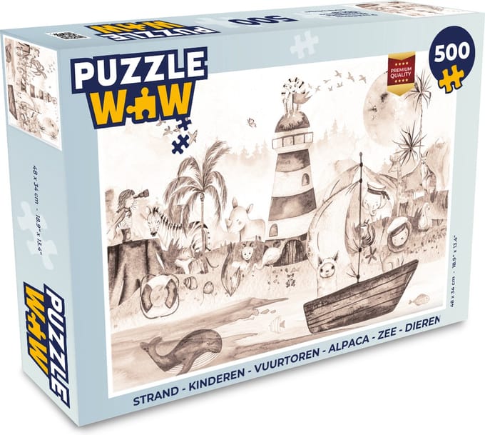 Puzzel Strand - Kinderen - Vuurtoren - Alpaca - Zee - Dieren - Legpuzzel - Puzzel 500 stukjes