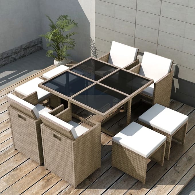 vidaXL - 9-delige - Tuinset - met - kussens - poly - rattan - beige