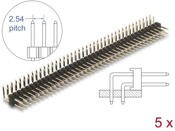 Delock Pin header 40 pin, pitch 2.54 mm, 2-row, angled, 5 pieces