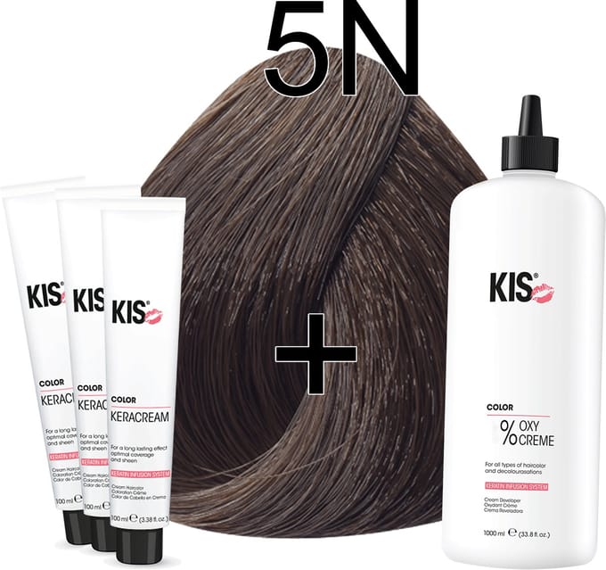 Kis KeraCream Color - 100ml - Haarverf Set - 5N Lichtbruin | KIS - (3 x haarverf & 1L waterstofperoxide)