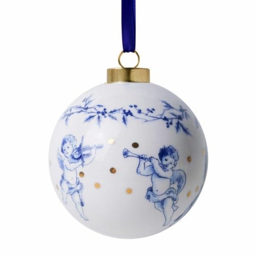 Heinen delfts blauw kerstbal - kerstengel, 8 cm