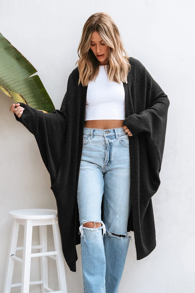 Black Open Front Dolman Sleeve Duster Cardigan