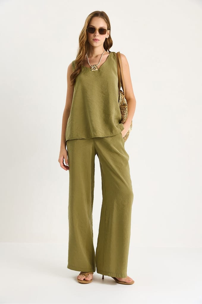 V-hals Katoenen Blouse-Broek Twee-Piece Set