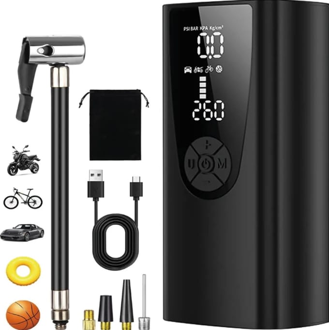 Elektrische luchtpomp, oplaadbare 6000 mAh luchtpomp, 150 PSI, oplaadbare draagbare luchtcompressor met LCD-scherm.