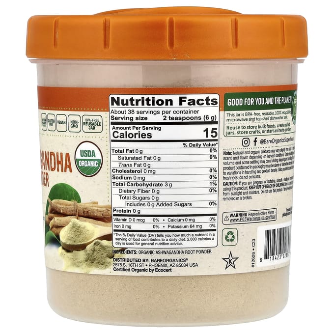 BareOrganics, Biologisch Ashwagandha Wortelpoeder, 8 oz (227 gr)