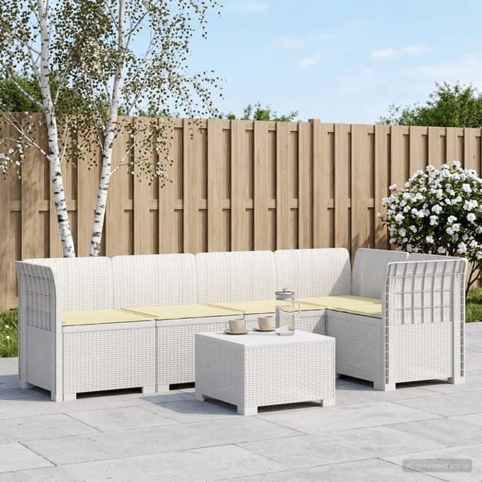 vidaXL - 5-Zits - Tuinbank - met - Kussens - Rattanlook - 5-zits - PP - Wit