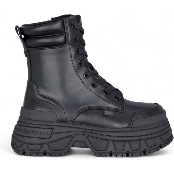Buffalo Dames Zwarte Chunky Platform Veterschoenen Mid High Combat Boots - Fusion