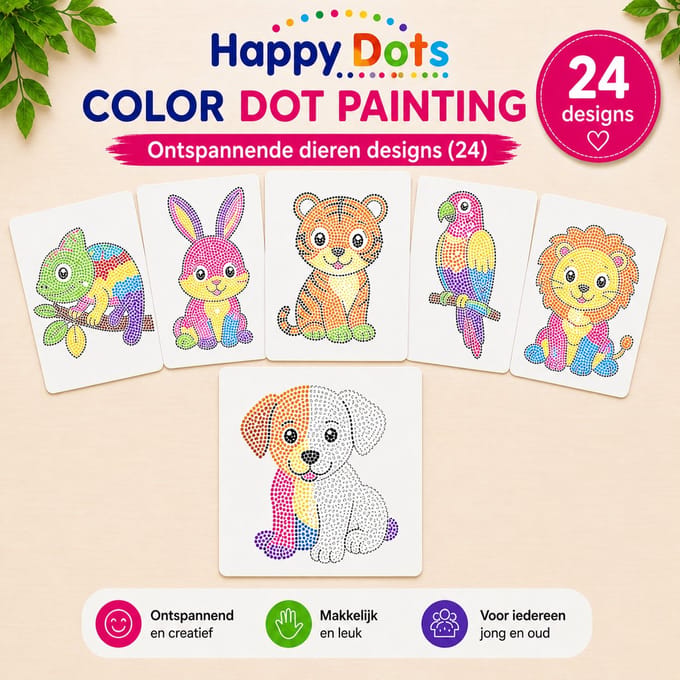 HappyDots Color DOT Painting set Kleurrijke dieren A4