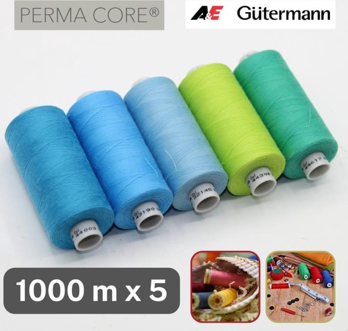 Gütermann Perma Core Naaigaren – 5 × 1000 m – Professioneel Polyestergaren – Blauw-Groene Mix