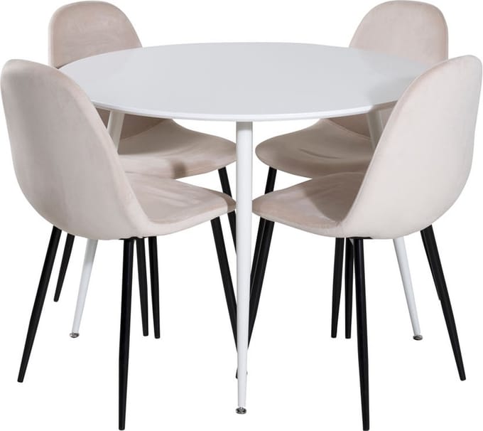 PlazaWHWH100 eethoek eetkamertafel wit en 4 Polar eetkamerstal velours beige.