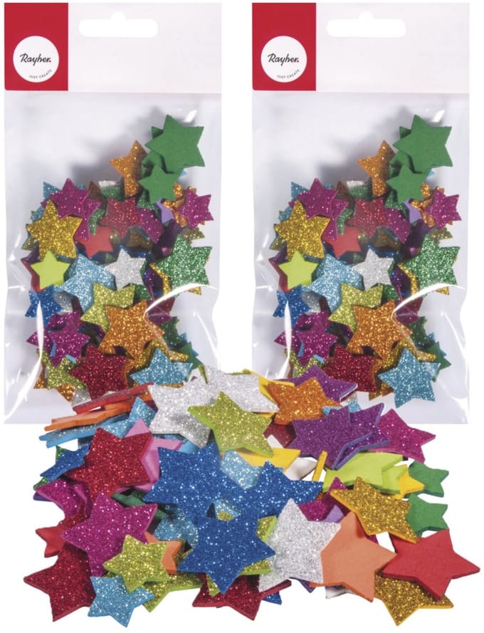 Rayher hobby/knutsel sterren met glitters - 100x - zelfklevend - multi kleuren - foam/rubber - stickers