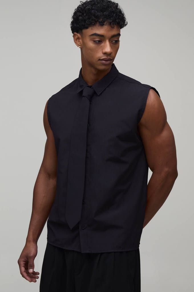 Regular Fit Mouwloos Overhemd Met Stropdas | Black | Size Medium