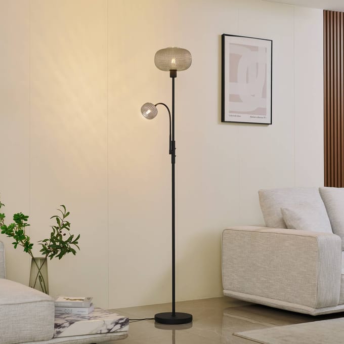 Lindby - vloerlamp - 2lichts - Glas, ijzer - H: 180 cm - E27 - zwart, rookgrijs
