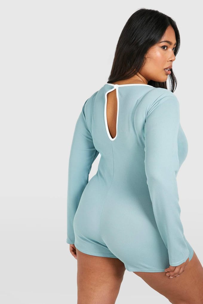 boohoo Dames Plus Rib Contrast Binding Playsuit | Blauw | Maat: 48