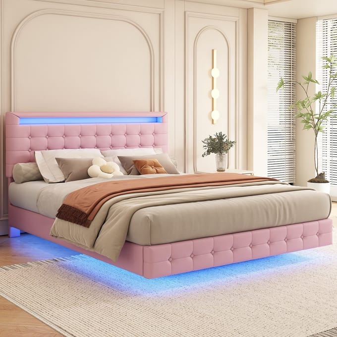 REDOM Bedframe 140x200 cm – PU & MDF – LED-ambient light – Verstelbaar hoofdbord – Roze – 220 kg