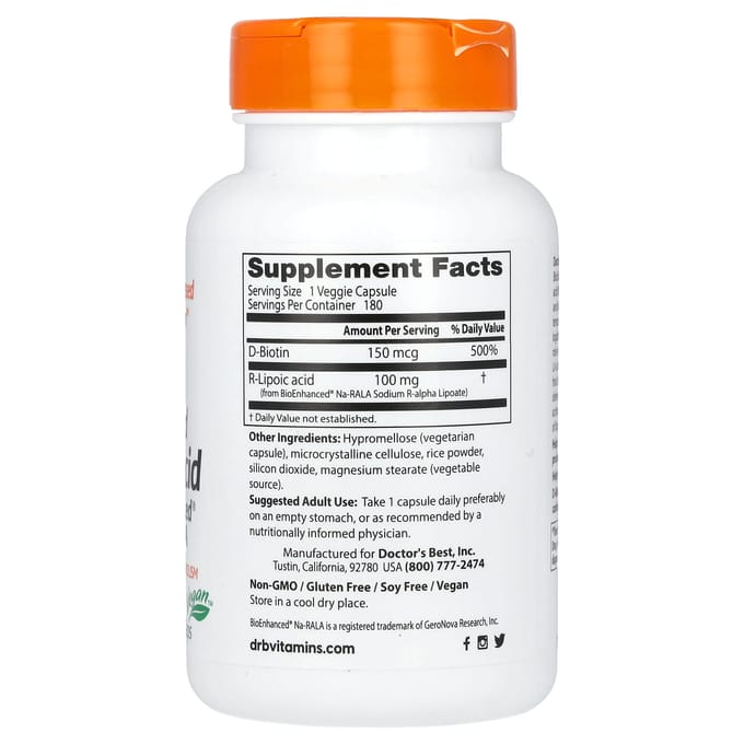 Doctor's Best, Acide R-Lipoïque Stabilisé avec Na-RALA BioEnhancé, 100 mg, 180 Capsules Végétales white