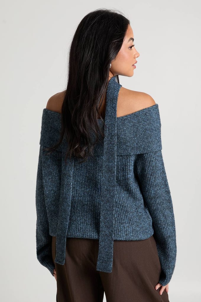 boohoo Dames Marl gebreide oversized Bardot trui en nekstrop | Blue | Maat: Large