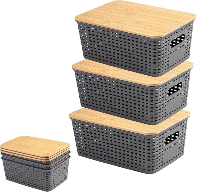 Set van 3 Stapelbare Opbergdozen met Bamboe Deksel, 5L Capaciteit
