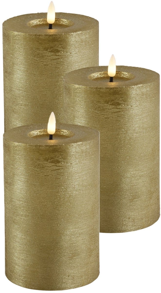 Countryfield Lyon LED kaars/stompkaars - 3x - goud - D10 x H15 cm - timer