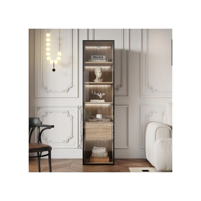 Armoire de salle de bains, moyenne, avec bandeau lumineux, largeur 40 cm, avec 1 grand tiroir et 1 porte, porte vitrée