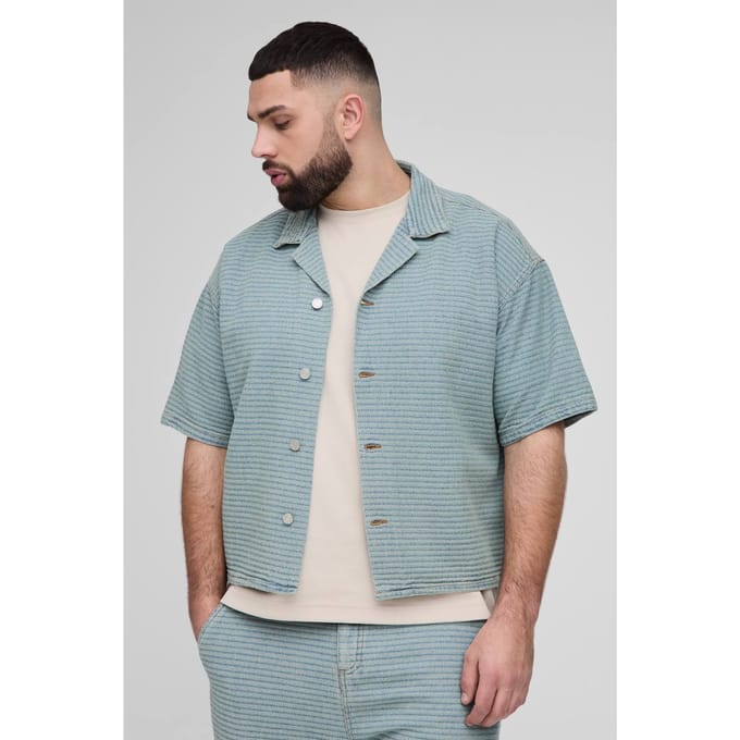 Plus Jacquard Denim Boxy Oversized Revere Shirt | Light Wash | Size 2XL