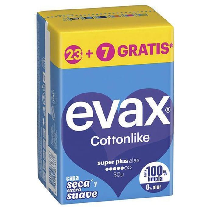 Serviettes Hygiéniques Coussinets EVAX COTTONLIKE super plus wings 30 unités