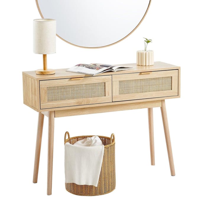 Rotan Console Tafel met 2 Opberglades Rotan Schuifdeur Natuurlijk