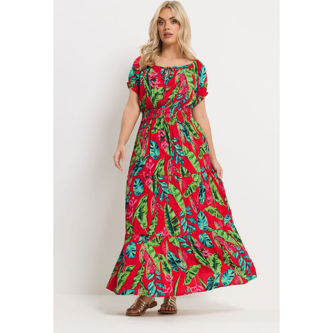 Yours Rood Tropisch Strik Bardot Maxi Jurk Size 44