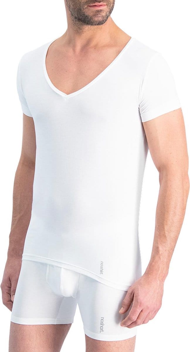 Noshirt Short Sleeve - Original Cotton - Heren Ondershirt - Deep V - Wit - Maat M