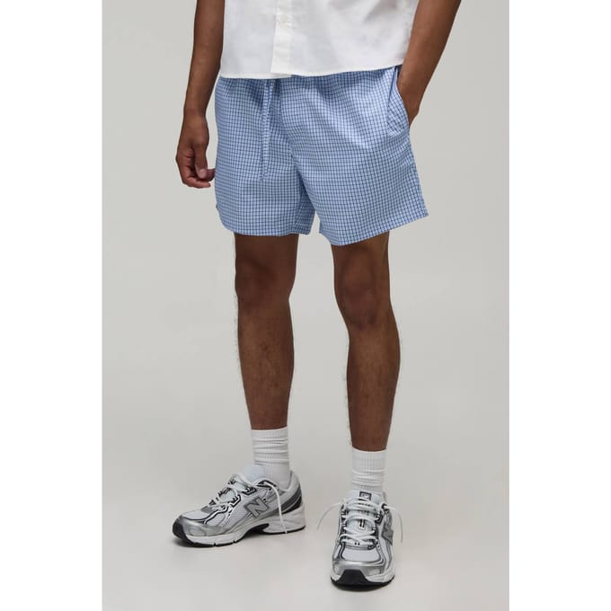 Ontspannen Halflange Micro Ruit Short | Blue | Size Large