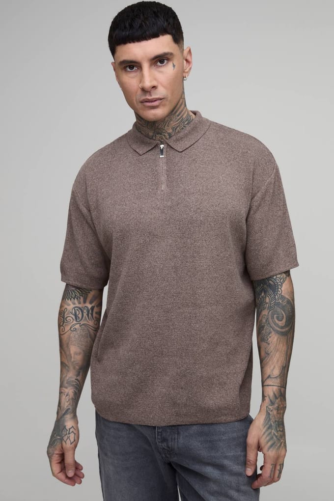 Tall Oversized Boxy 1/4 Zip Cotton Blend Knitted Polo T-Shirt | Brown | Size Large