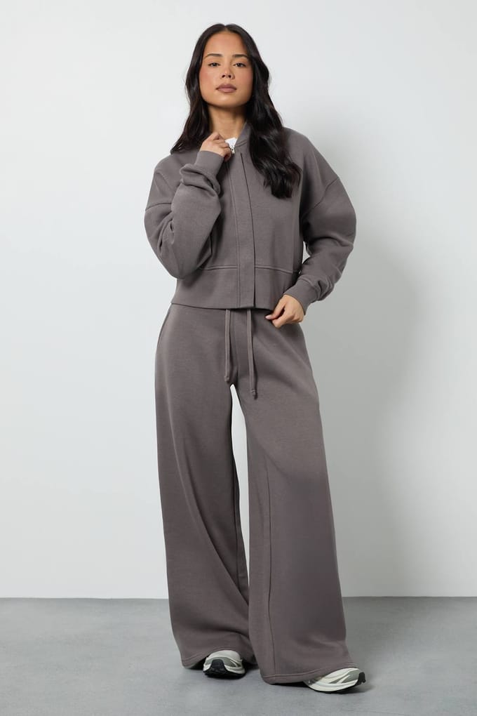 boohoo Dames Bomber Sweatshirt Diepe Zoom Jogger Trainingspak | Charcoal | Maat: Small