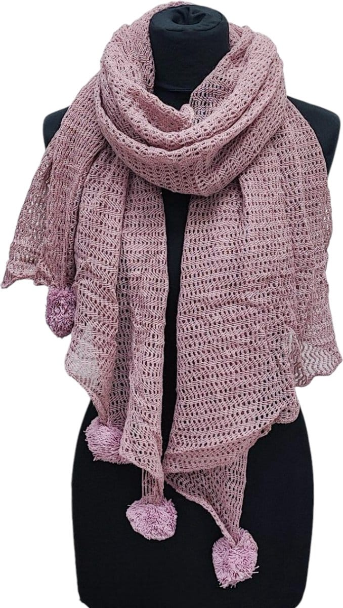 Lange Gebreide Sjaal - Pompon - Oudroze - 200 x 65 cm (4637)