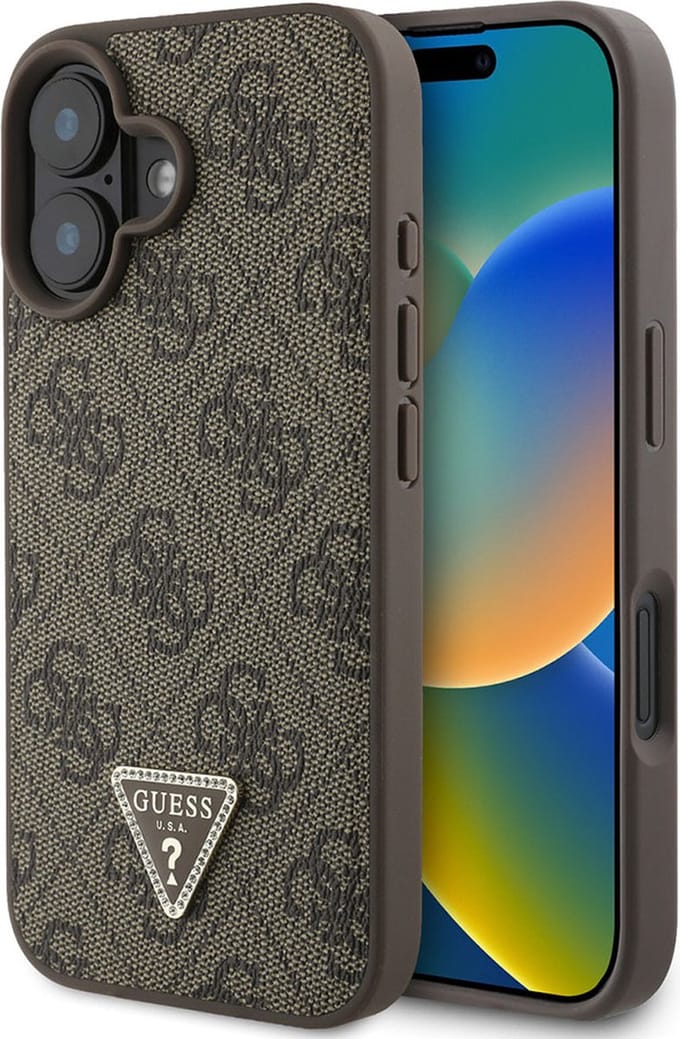 GUESS, Hoesje geschikt voor Apple iPhone 16 - 4G Strass Triangle Métallisé Edition, Bruin