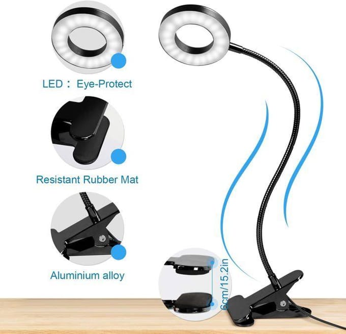 Lampe de Bureau à Pince 48 LED Flexible à 360°Lampe Lecture Clipsable 3 Modes d’Éclairage Lampe Bureau Led USB, Noir zwart