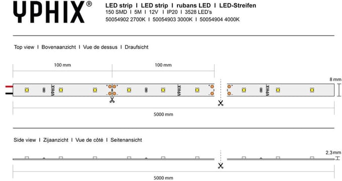 LED strip 5m 12V 2700K IP20 150 SMD 3528 LEDS