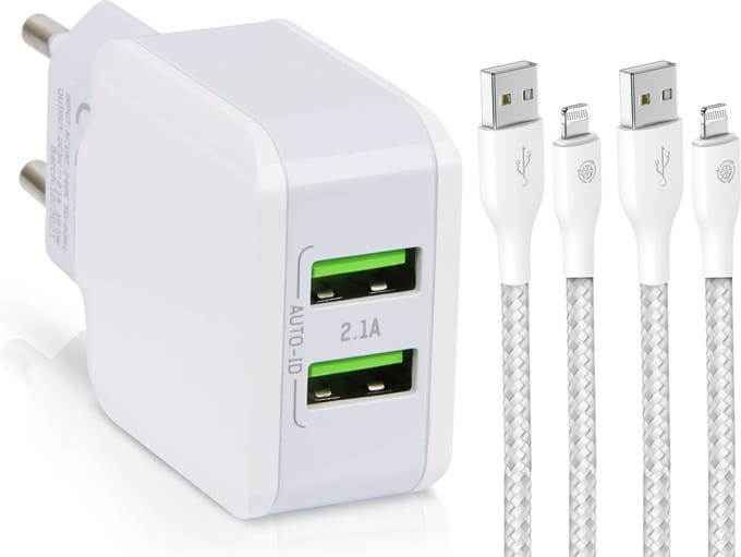 Oplader geschikt voor iPhone / iPad - Usb blokje 2 poorten - Lightning naar usb A kabel - 1 meter