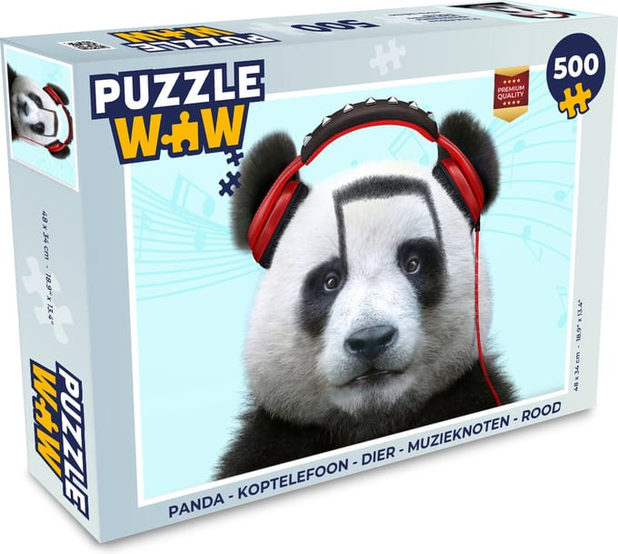 Puzzel Panda - Koptelefoon - Dier - Muzieknoten - Rood - Legpuzzel - Puzzel 500 stukjes