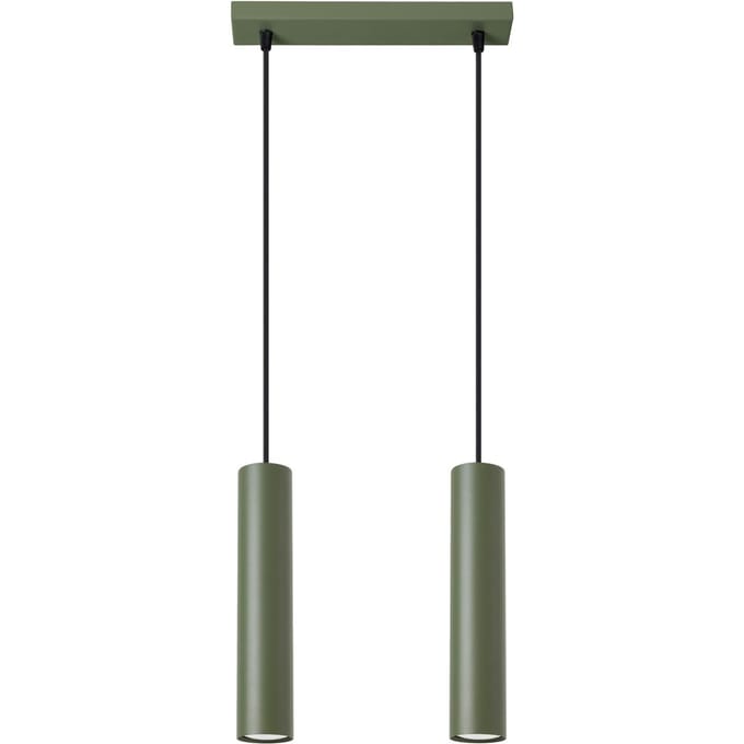 Hanglamp LAGOS 2 met 2 cilindrische kappen naast elkaar - Sollux Lighting - IP20 - Olijfgroen staal behuizing - 30 x 6 x 105 cm - 2 x GU10 LED, exclusief lichtbron - 2 x 10 W - Industriële hanglamp voor slaapkamer, woonkamer en gang